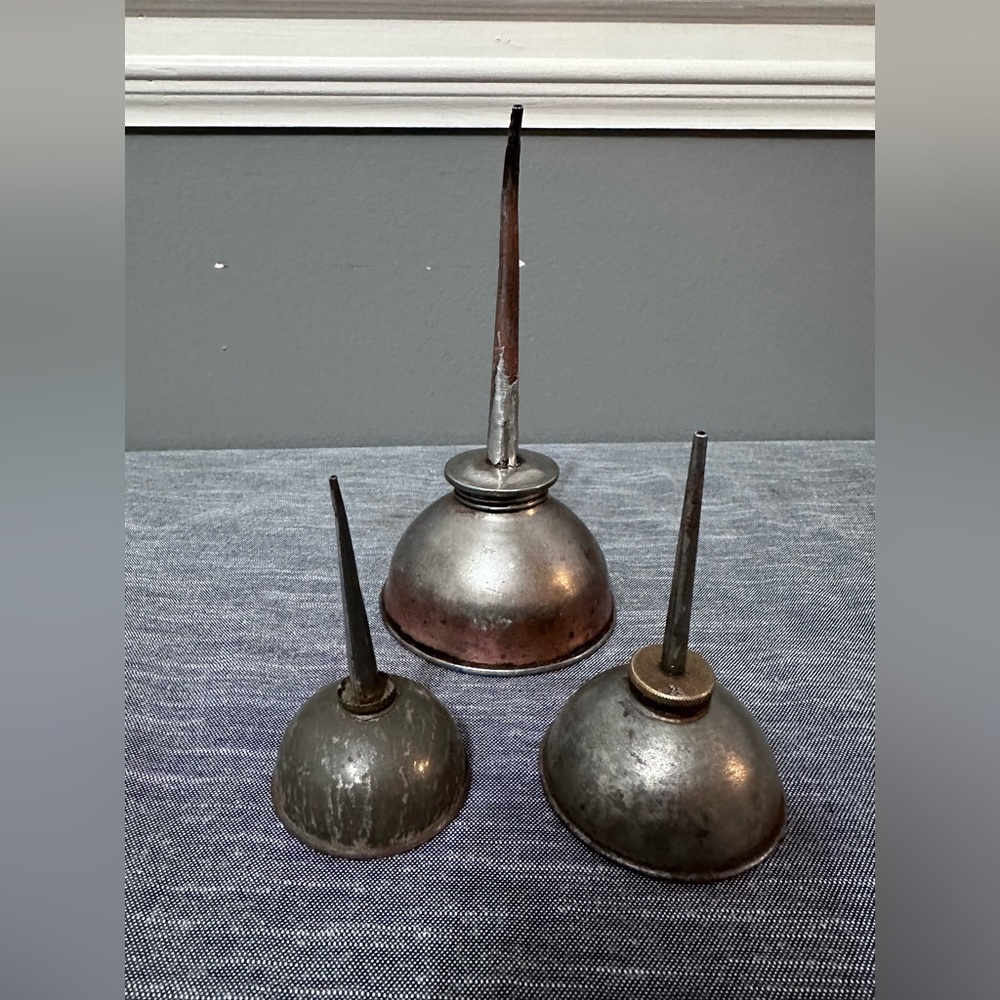 Lot of 3 Vintage Antique Small Metal Thumb Pump Oiler Oil Can